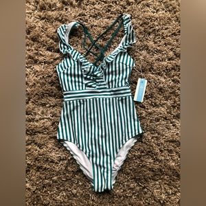 NWT Cupshe strip teal one piece swimsuit